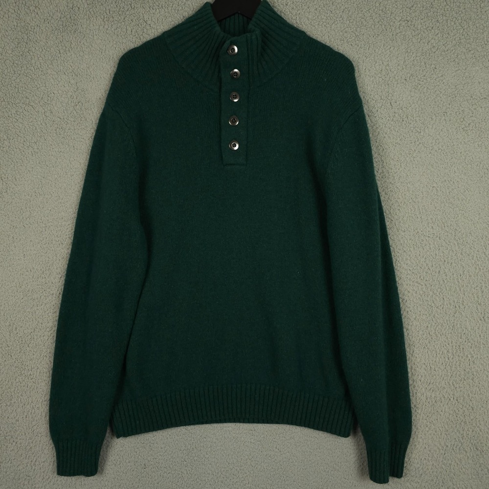 Lands End Sweater Mens Large Green Merino Wool 1/4 Button Zip Mock Neck Outdoors